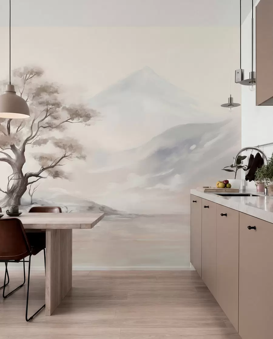 Papier peint Dessin minimaliste d'un arbre solitaire et tordu dans un paysage désolé et rocailleux avec des montagnes en arrière-plan  w08604