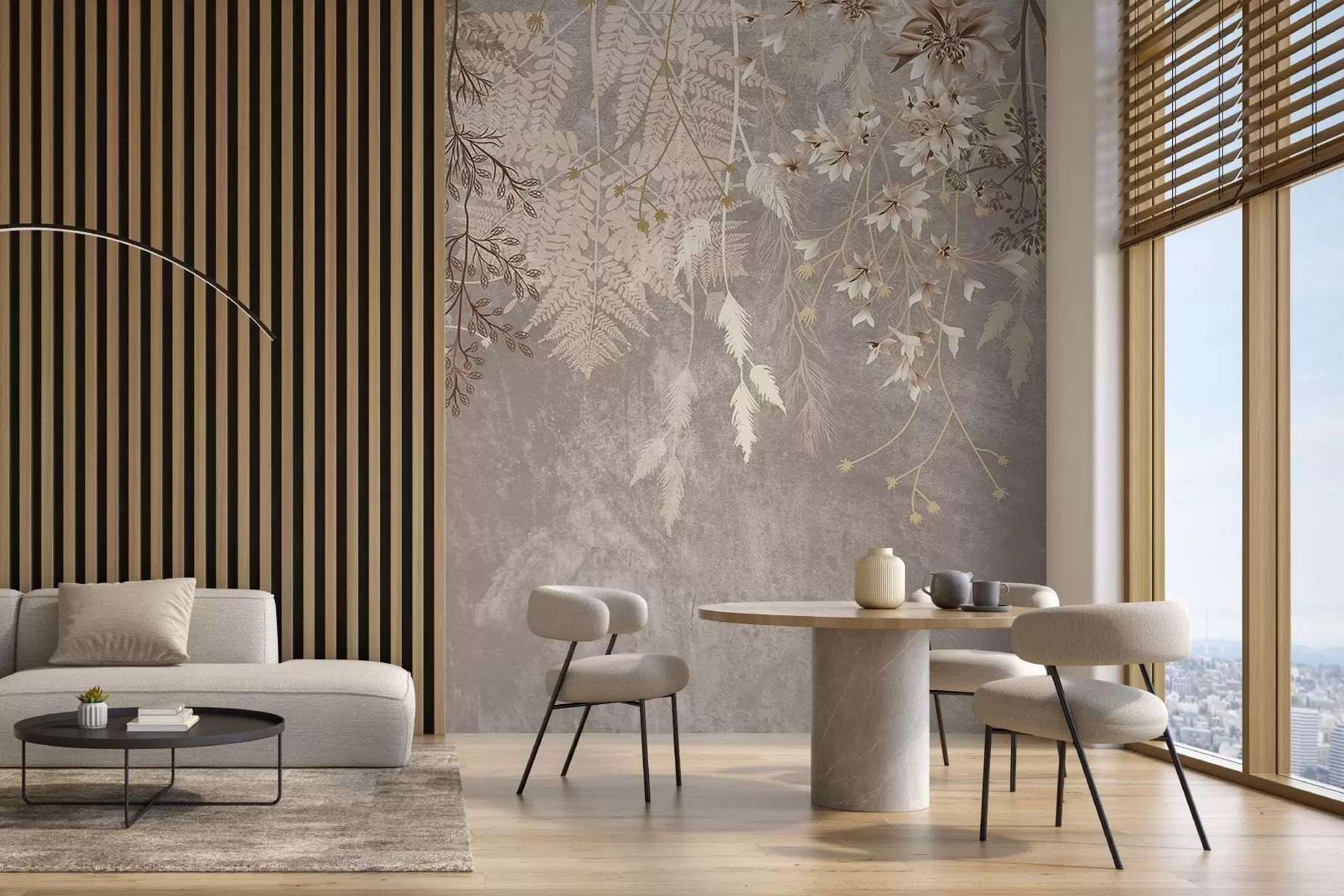 Papier peint Plantes, épillets et fleurs délicats et oniriques aux couleurs brunes et pastel sur un fond brumeux et texturé w08606v1