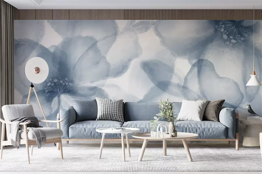 Papier peint Fleurs bleues abstraites, douces et floues, créant un imprimé floral serein et apaisant w08607