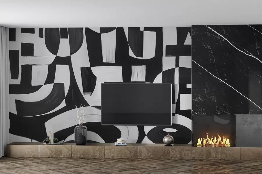 Papier peint Formes et motifs géométriques abstraits en noir et blanc, créant une composition dynamique et visuellement frappante w08608