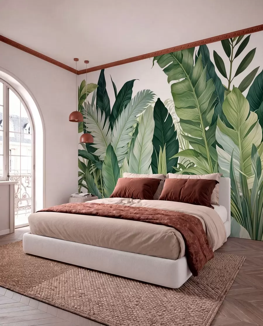 Papier peint Feuillage tropical avec diverses grandes feuilles vertes, y compris des feuilles de bananier, des feuilles de palmier et d'autres espèces de plantes exotiques w08609