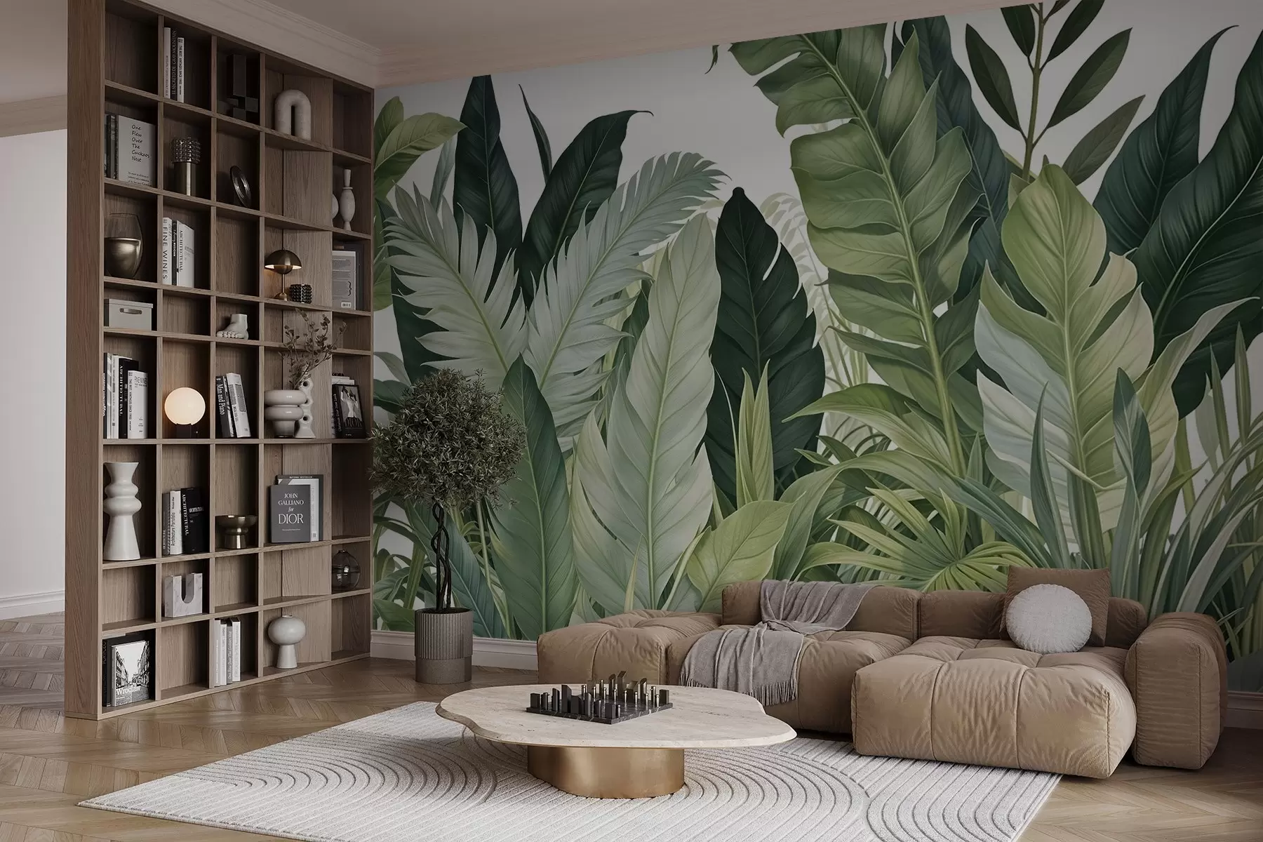 Papier peint Feuillage tropical avec diverses grandes feuilles vertes, y compris des feuilles de bananier, des feuilles de palmier et d'autres espèces de plantes exotiques w08609