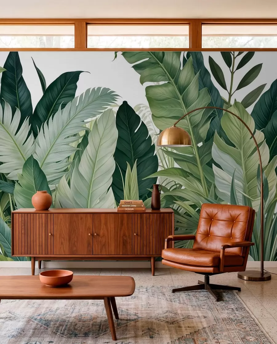 Papier peint Feuillage tropical avec diverses grandes feuilles vertes, y compris des feuilles de bananier, des feuilles de palmier et d'autres espèces de plantes exotiques w08609
