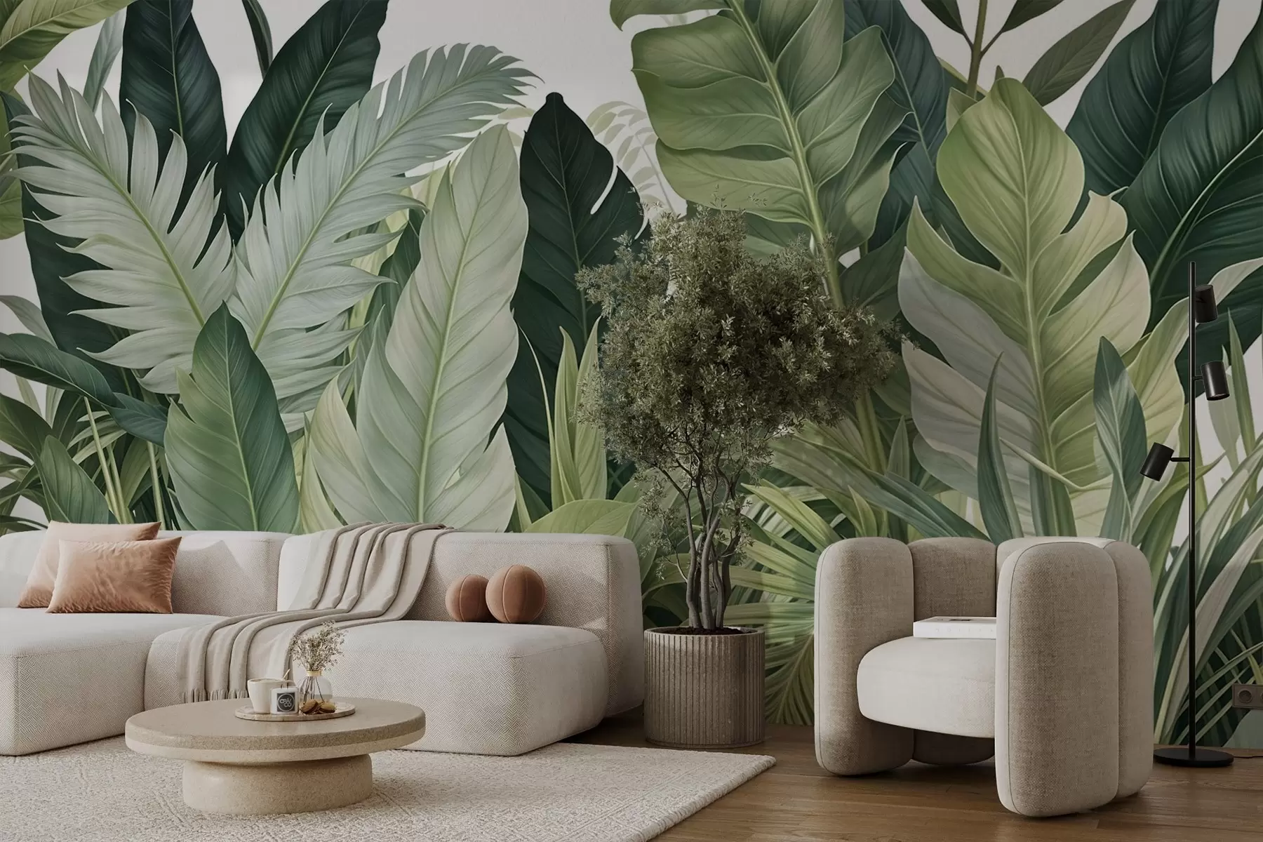 Papier peint Feuillage tropical avec diverses grandes feuilles vertes, y compris des feuilles de bananier, des feuilles de palmier et d'autres espèces de plantes exotiques w08609