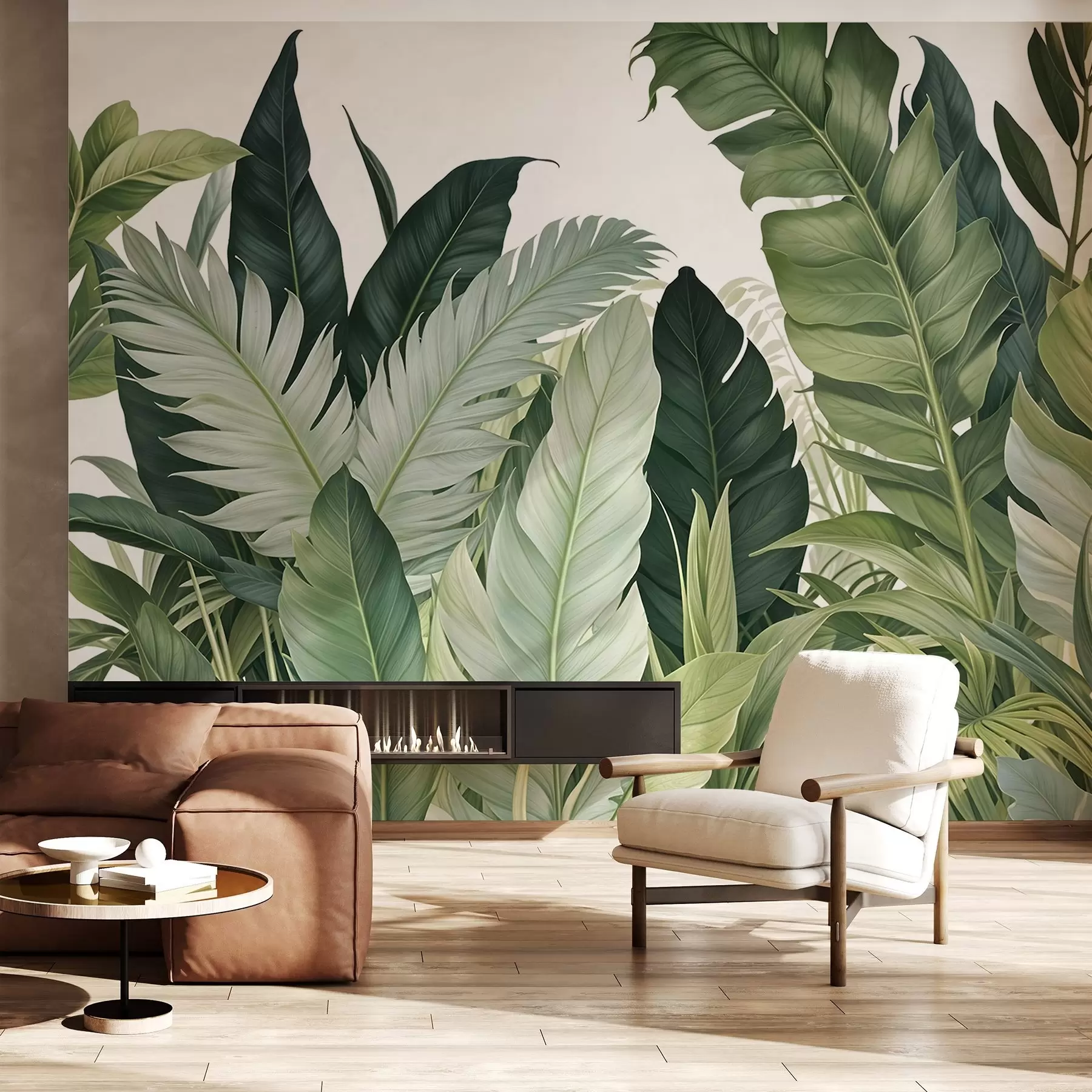 Papier peint Feuillage tropical avec diverses grandes feuilles vertes, y compris des feuilles de bananier, des feuilles de palmier et d'autres espèces de plantes exotiques w08609