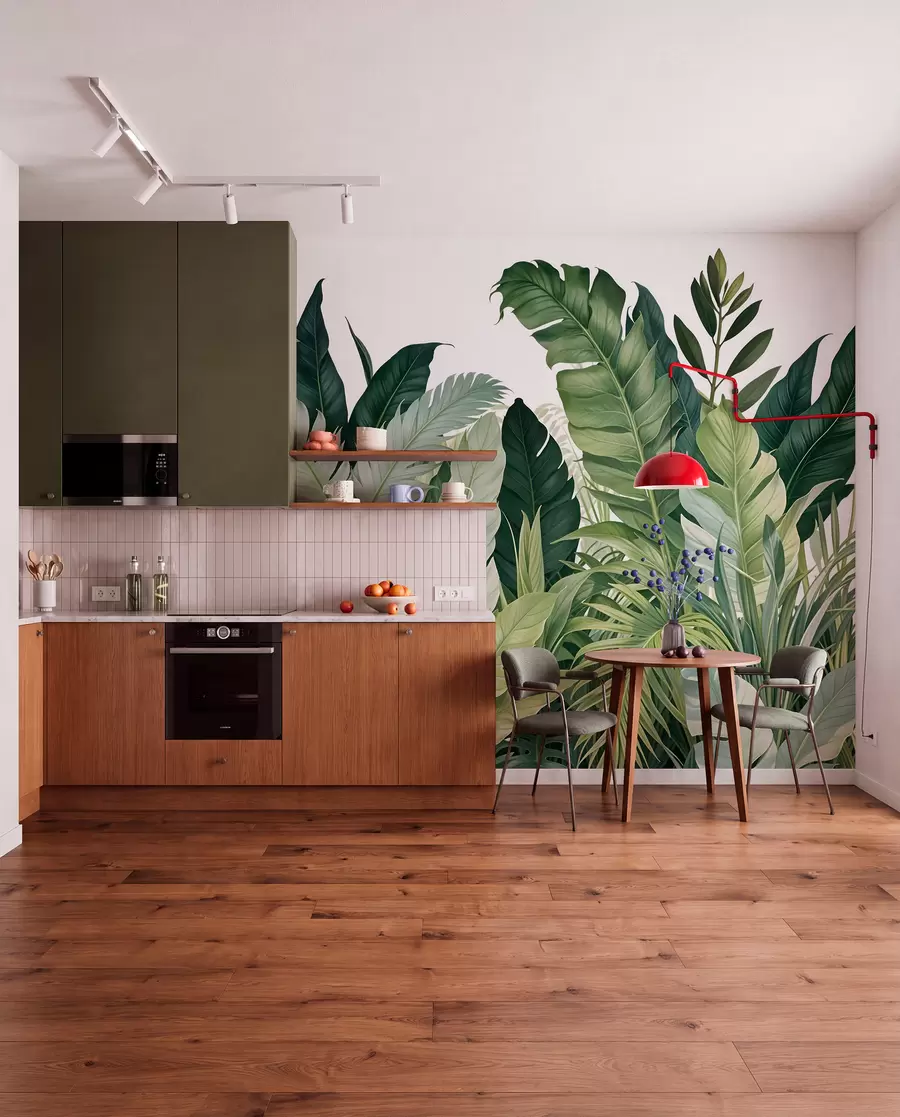 Papier peint Feuillage tropical avec diverses grandes feuilles vertes, y compris des feuilles de bananier, des feuilles de palmier et d'autres espèces de plantes exotiques w08609