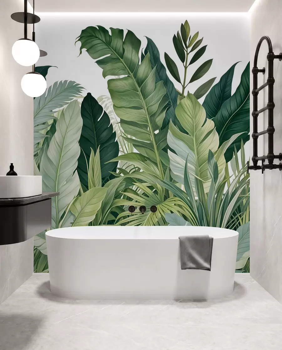 Papier peint Feuillage tropical avec diverses grandes feuilles vertes, y compris des feuilles de bananier, des feuilles de palmier et d'autres espèces de plantes exotiques w08609