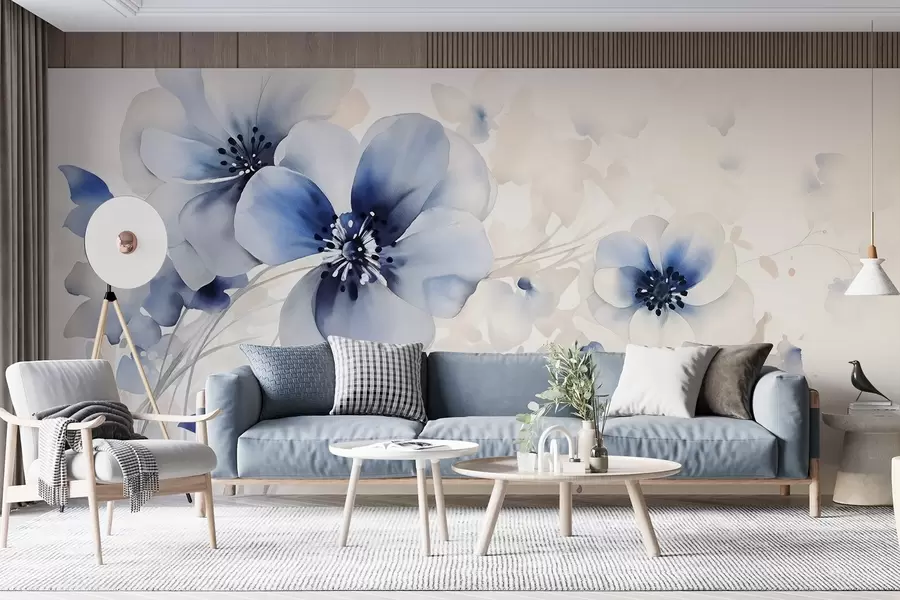 Papier peint Fleurs bleues et blanches délicates, semblables à des aquarelles, avec des pétales doux et un arrière-plan flou w08610