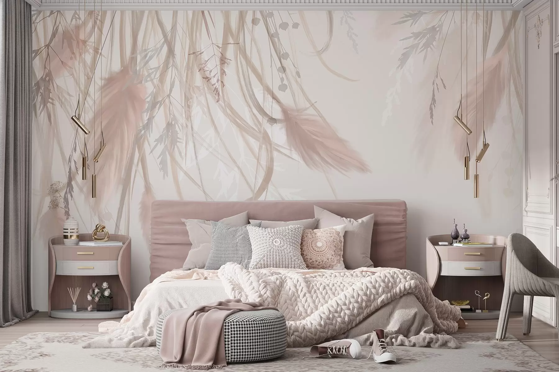 Papier peint Herbe de la pampa douce et vaporeuse et épillets dans les tons beige et rose sur un fond clair w08611