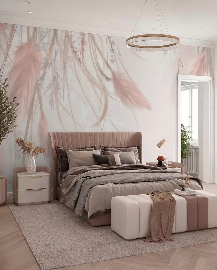 Papier peint Herbe de la pampa douce et vaporeuse et épillets dans les tons beige et rose sur un fond clair w08611