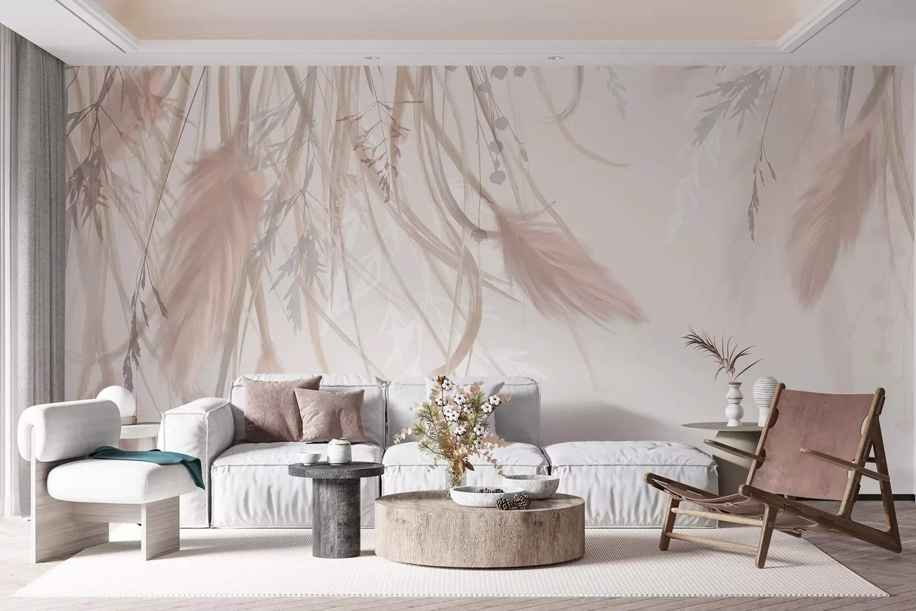 Papier peint Herbe de la pampa douce et vaporeuse et épillets dans les tons beige et rose sur un fond clair w08611