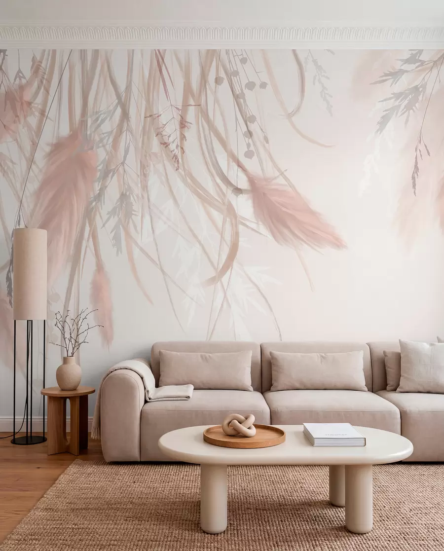 Papier peint Herbe de la pampa douce et vaporeuse et épillets dans les tons beige et rose sur un fond clair w08611