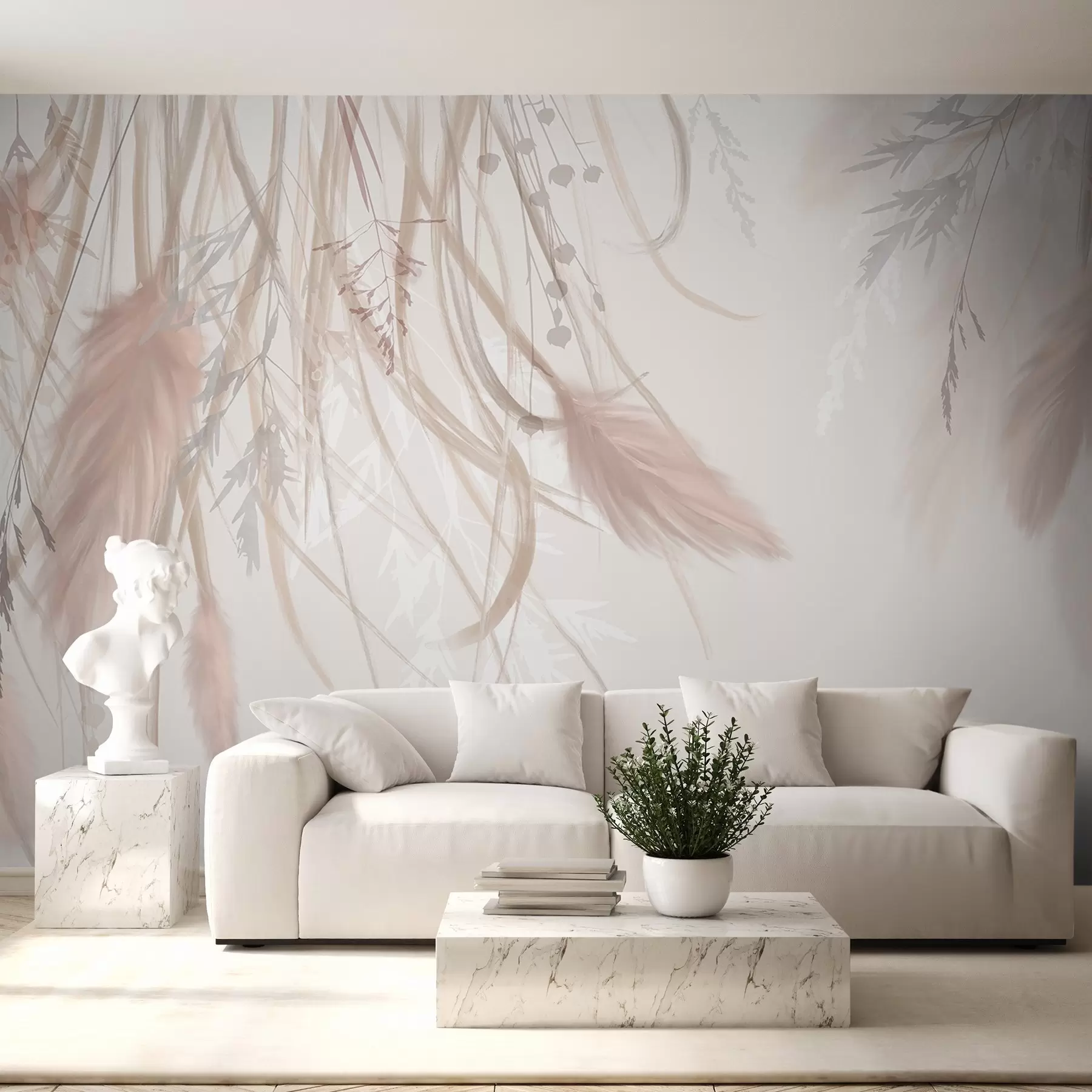 Papier peint Herbe de la pampa douce et vaporeuse et épillets dans les tons beige et rose sur un fond clair w08611