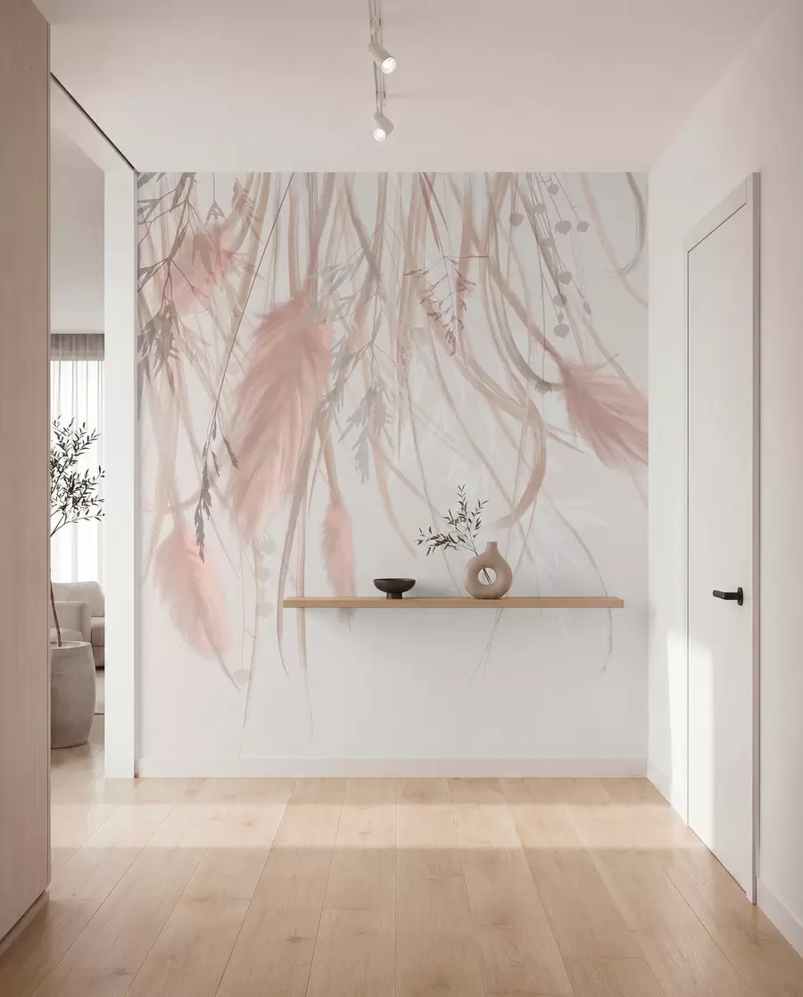 Papier peint Herbe de la pampa douce et vaporeuse et épillets dans les tons beige et rose sur un fond clair w08611