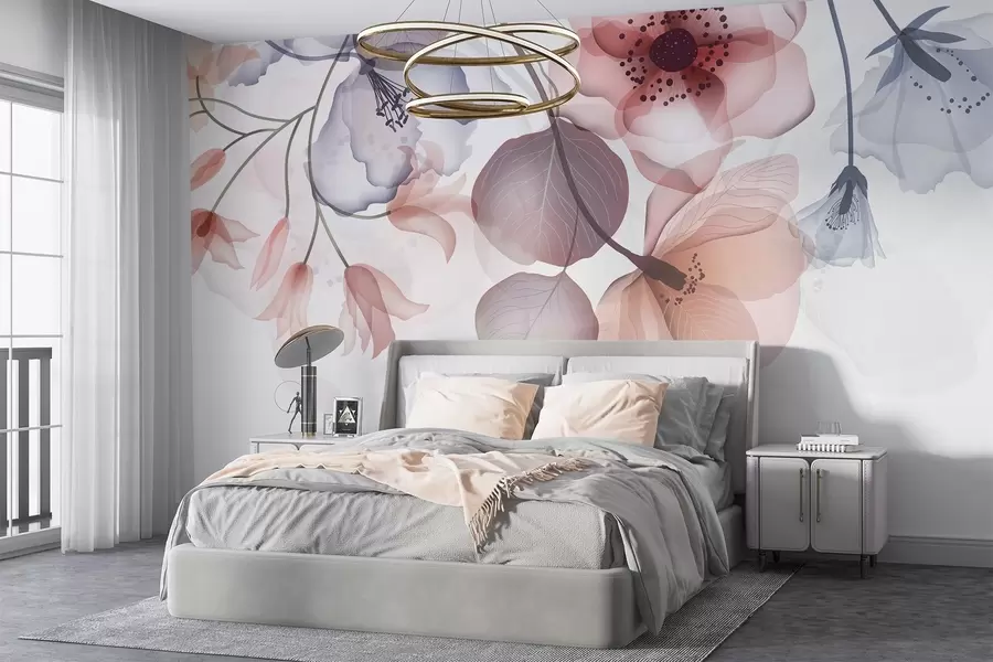 Papier peint Fleurs translucides roses et grises délicates avec des pétales doux et des centres foncés, sur un fond clair w08613