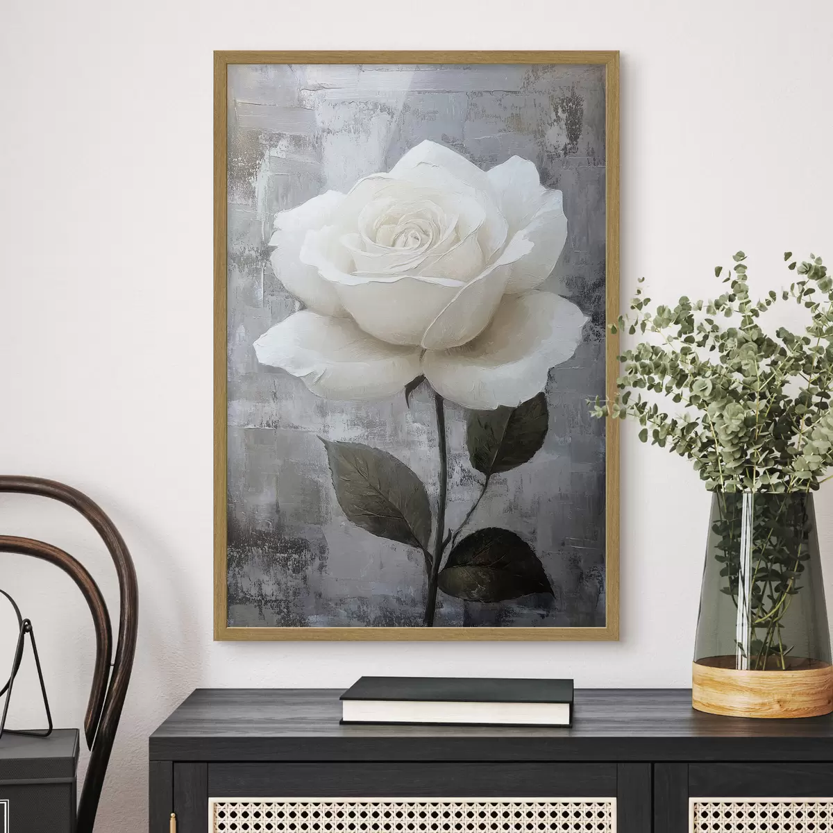 Poster Rose blanche dessinée à la main sur fond de béton f42185