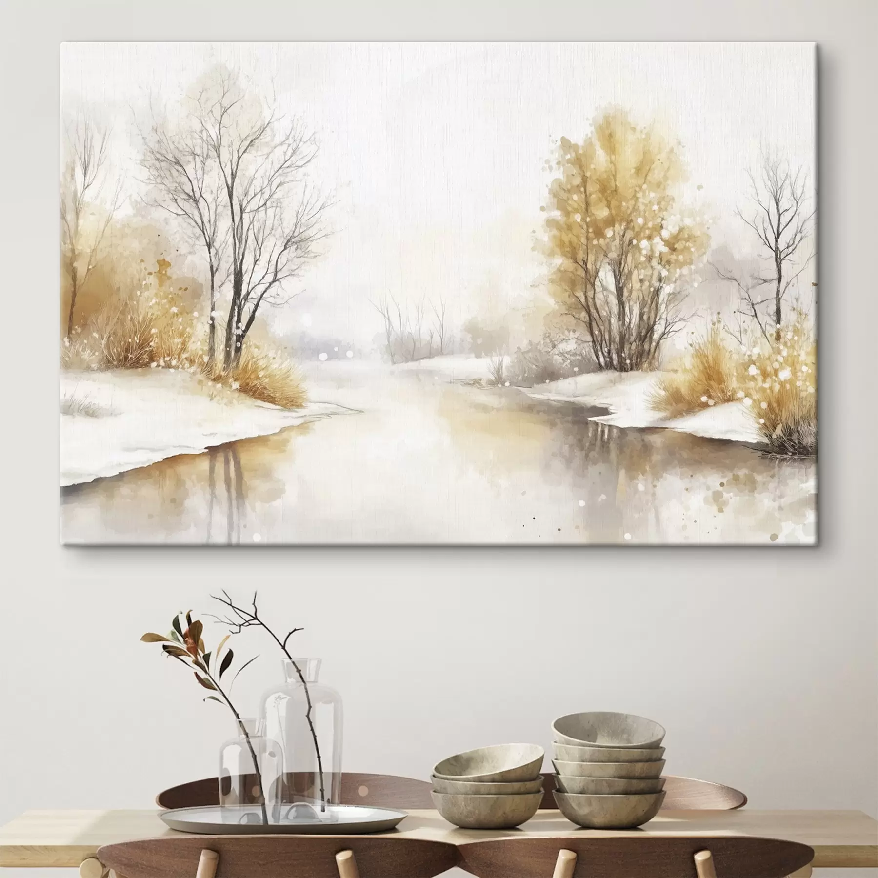 Papier peint Paysage d'hiver, rivière et arbres, style aquarelle, couleurs beiges s42376