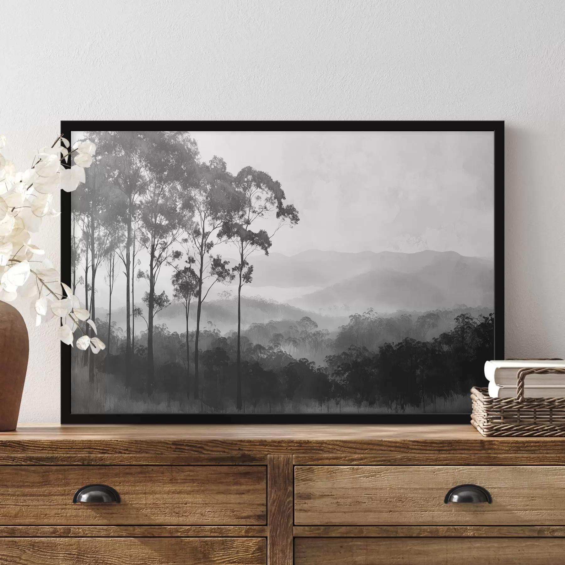 Papier peint Forêt mystique dans les tons gris, paysage de nature, arbres f42373