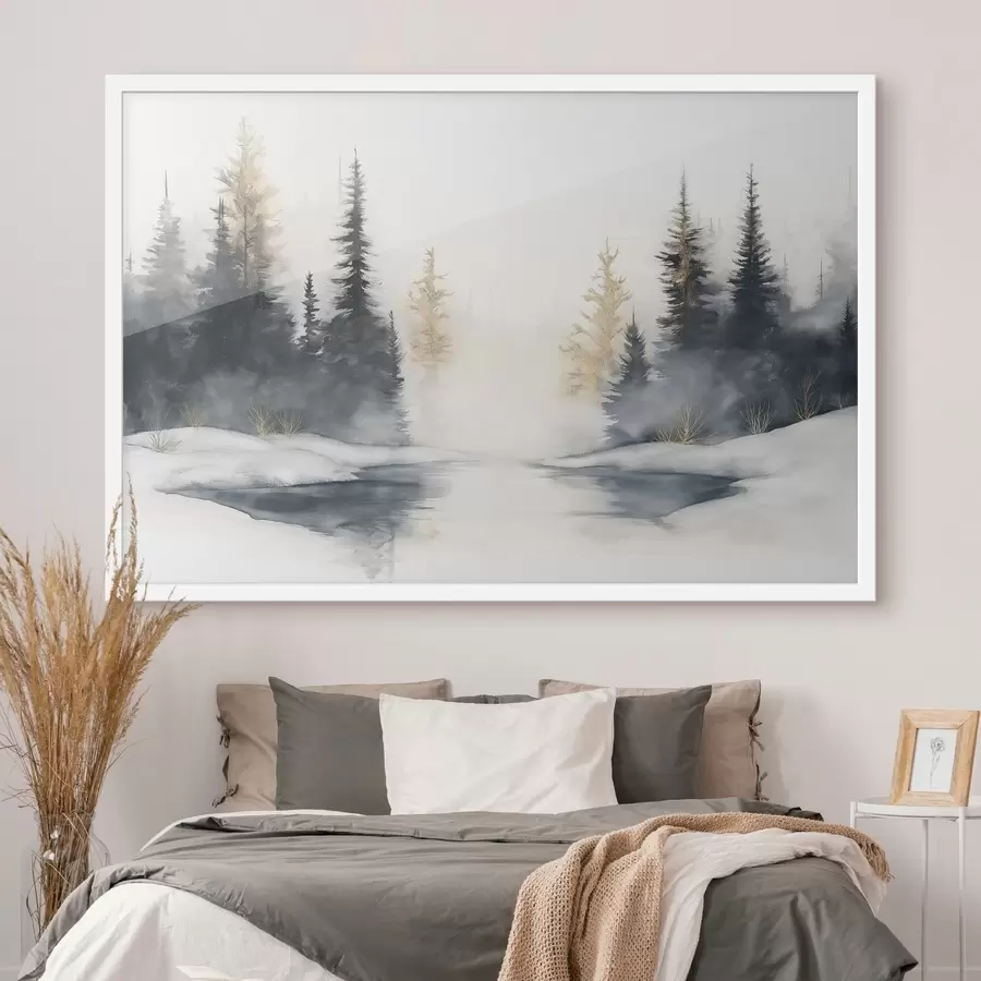 Papier peint Paysage d'hiver avec rivière et pins, nature, forêt, brume f42374