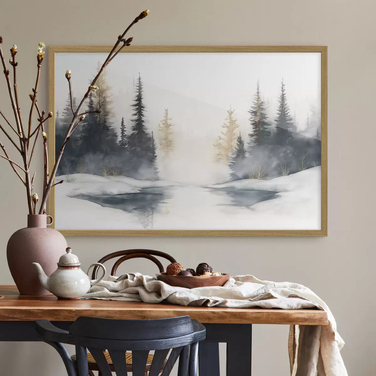 Poster Paysage d'hiver avec rivière et pins, nature, forêt, brume f42374
