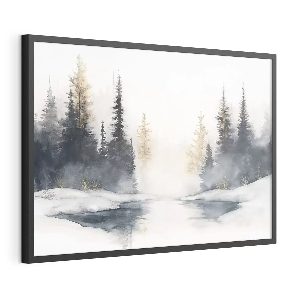 Poster Paysage d'hiver avec rivière et pins, nature, forêt, brume f42374