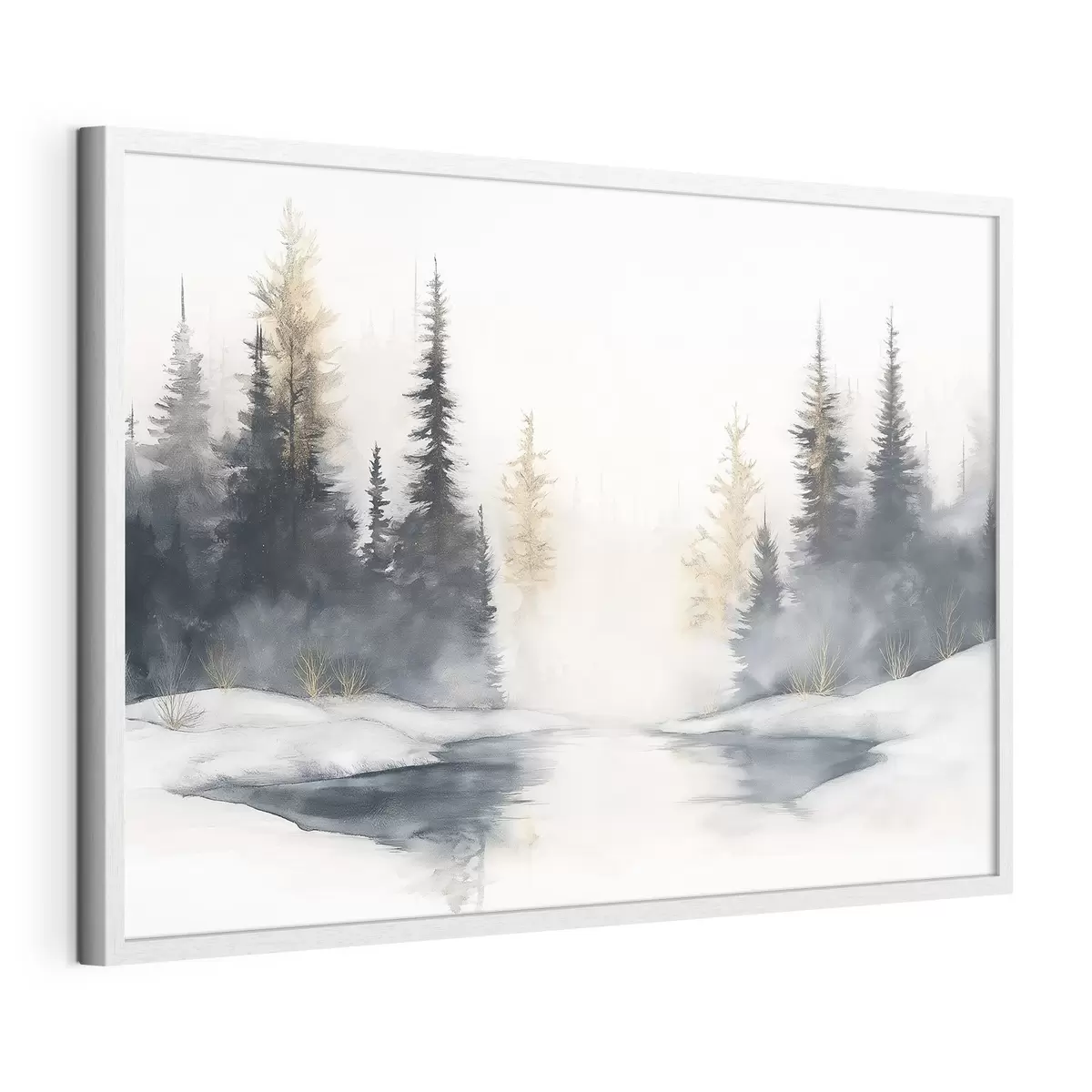 Poster Paysage d'hiver avec rivière et pins, nature, forêt, brume f42374