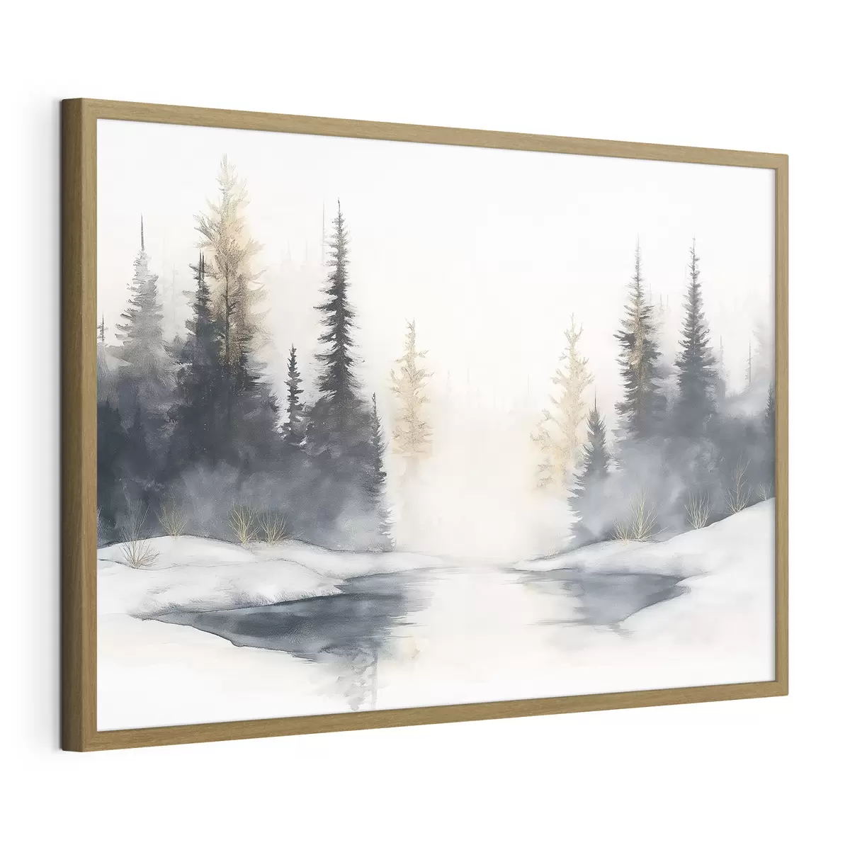 Poster Paysage d'hiver avec rivière et pins, nature, forêt, brume f42374