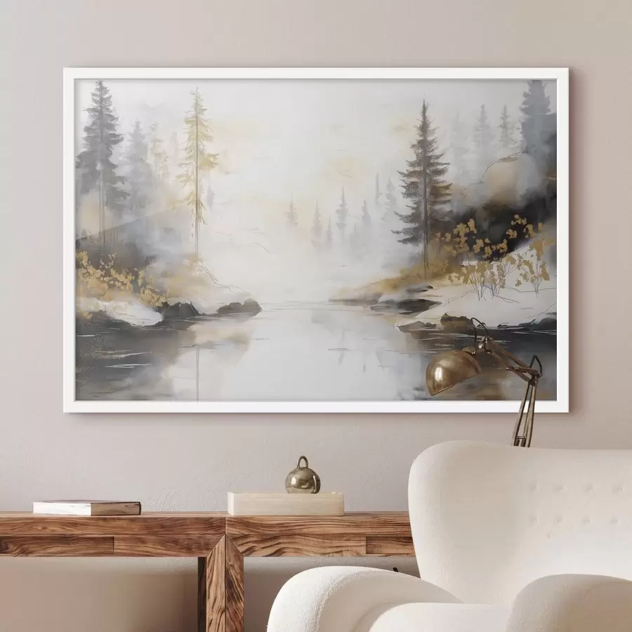 Papier peint Paysage naturel avec rivière, forêt et pins, couleurs douces et pastel f42375