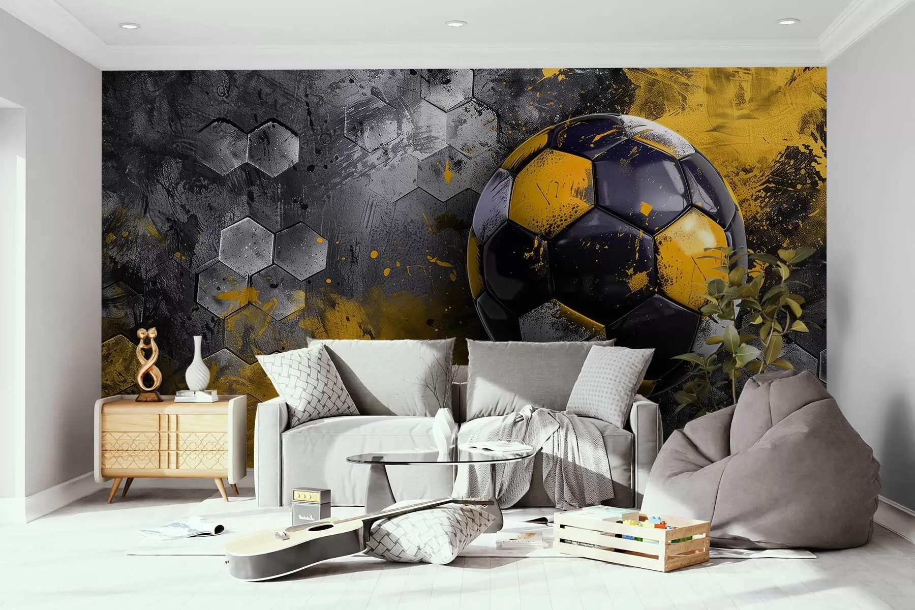 Papier peint Ballon de football sur fond de nids d'abeilles avec des taches de peinture jaune w08616
