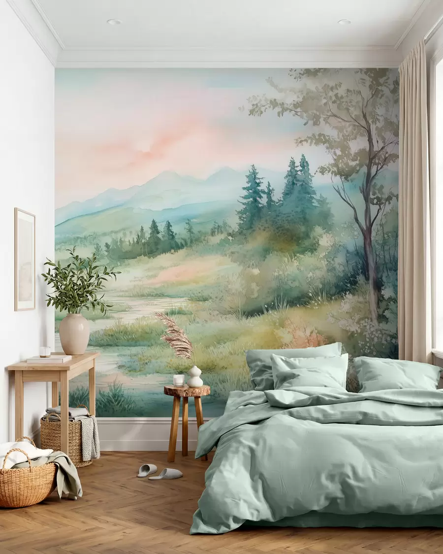 Papier peint paysage aquarelle avec un chemin et des montagnes w02764