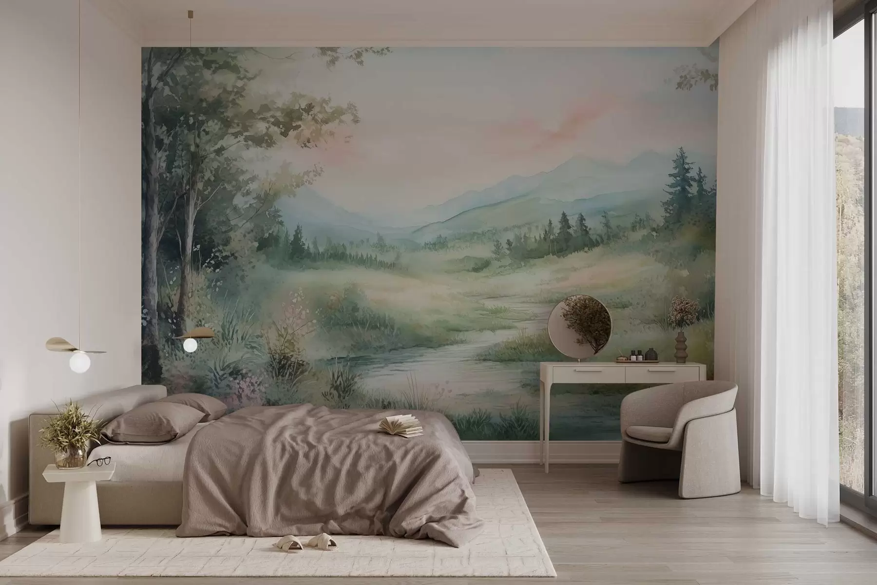 Papier peint paysage aquarelle avec un chemin et des montagnes w02764