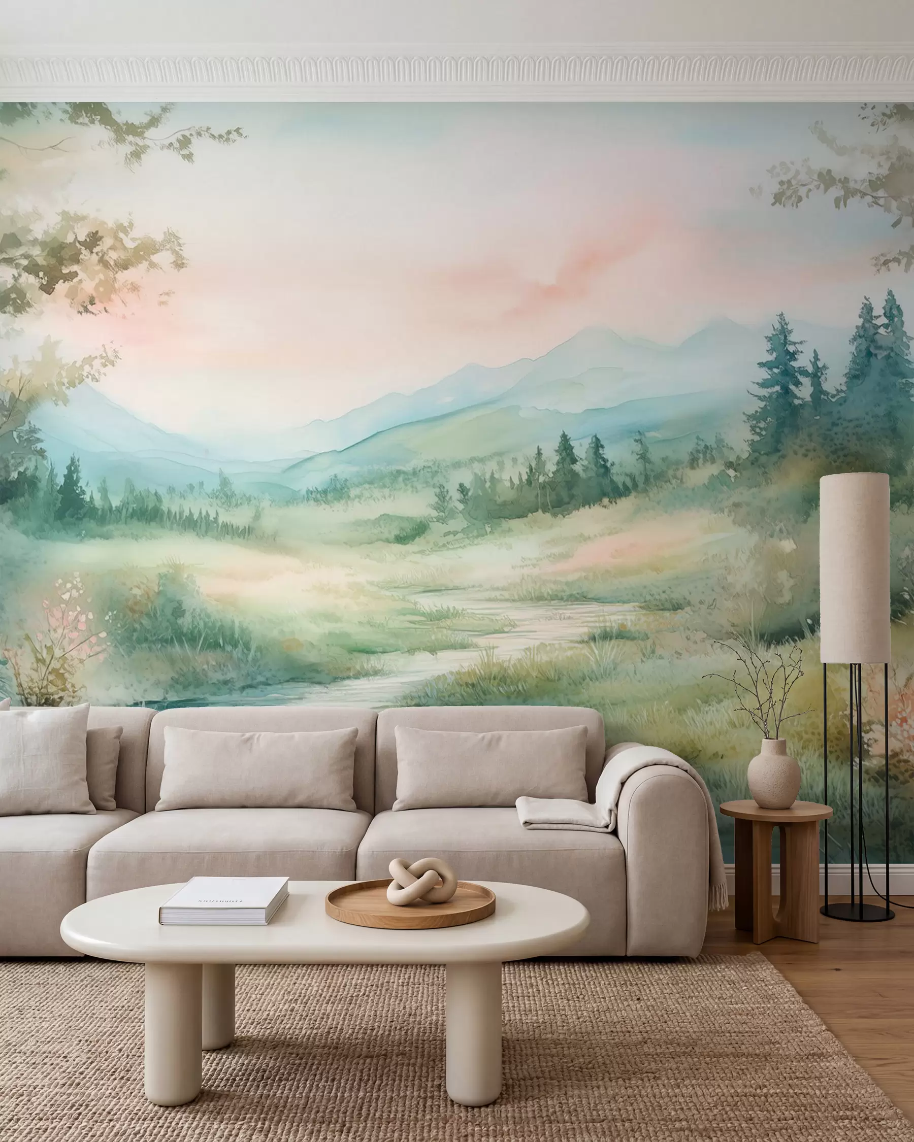 Papier peint paysage aquarelle avec un chemin et des montagnes w02764