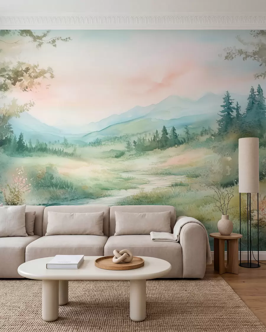 Papier peint paysage aquarelle avec un chemin et des montagnes w02764