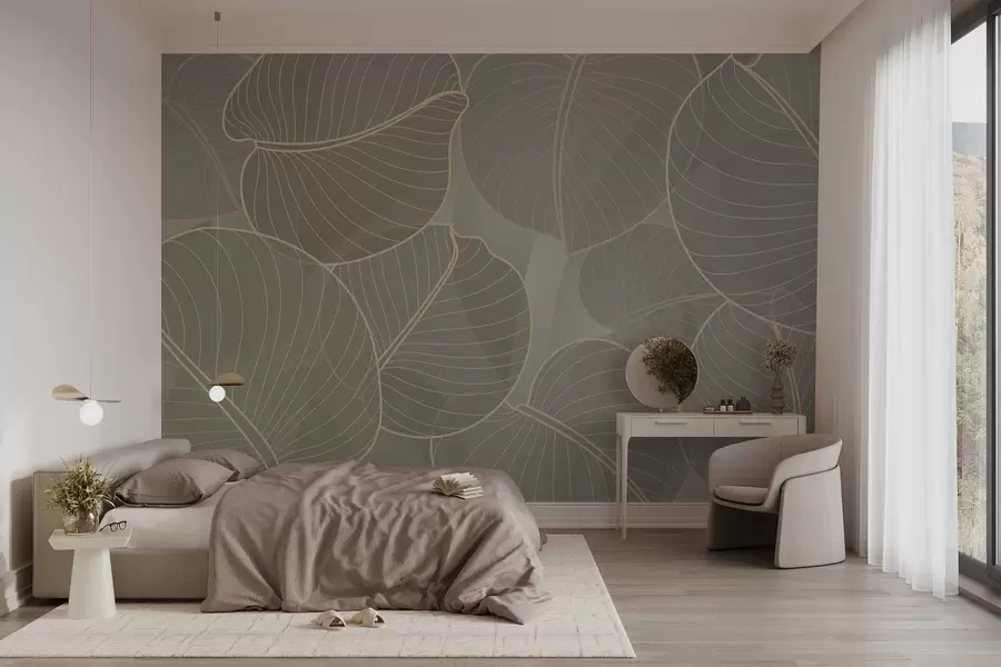 Papier peint feuillage linéaire du lis d'août dans les tons beiges w02768