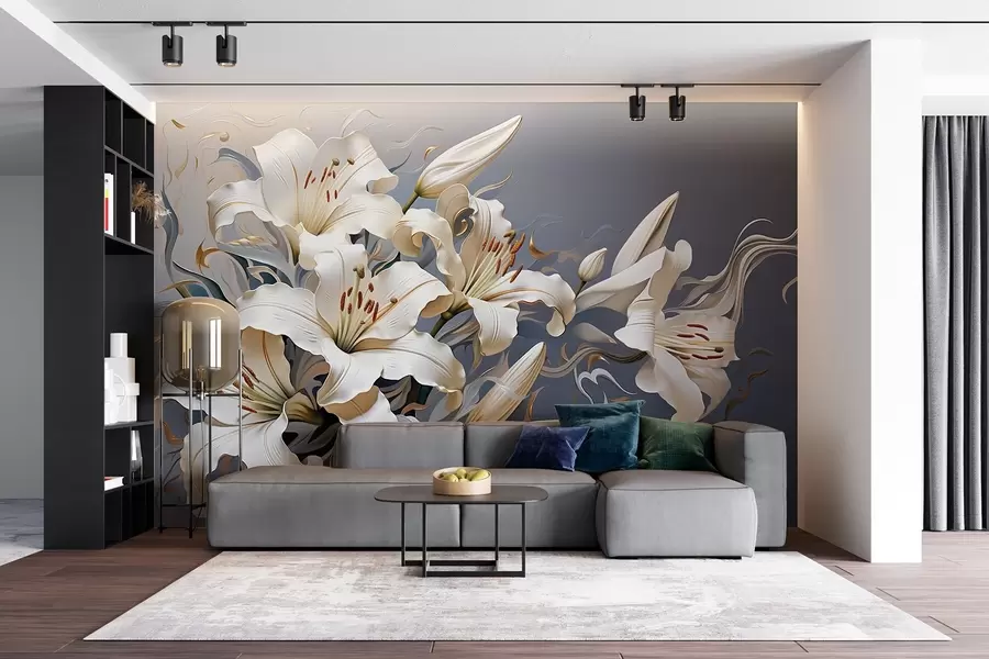 Papier peint Lys blancs raffinés sur fond gris-bleu w08633