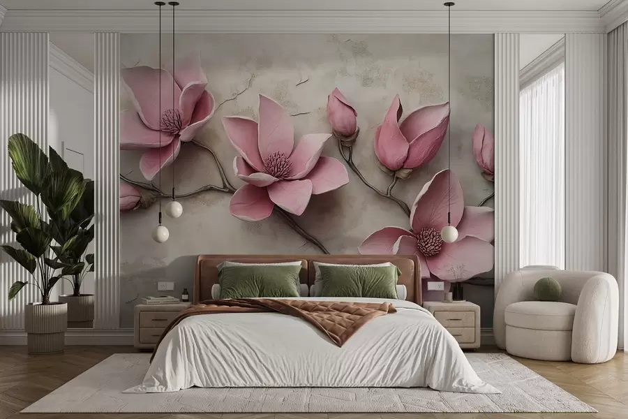 Papier peint Magnolias roses en style stucco w08635