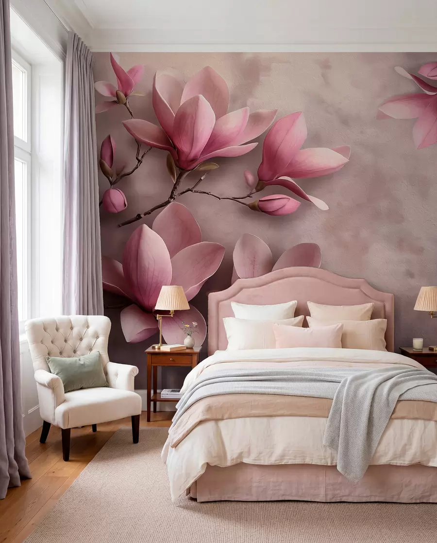 Papier peint Magnolias roses délicats sur un mur en béton w08636