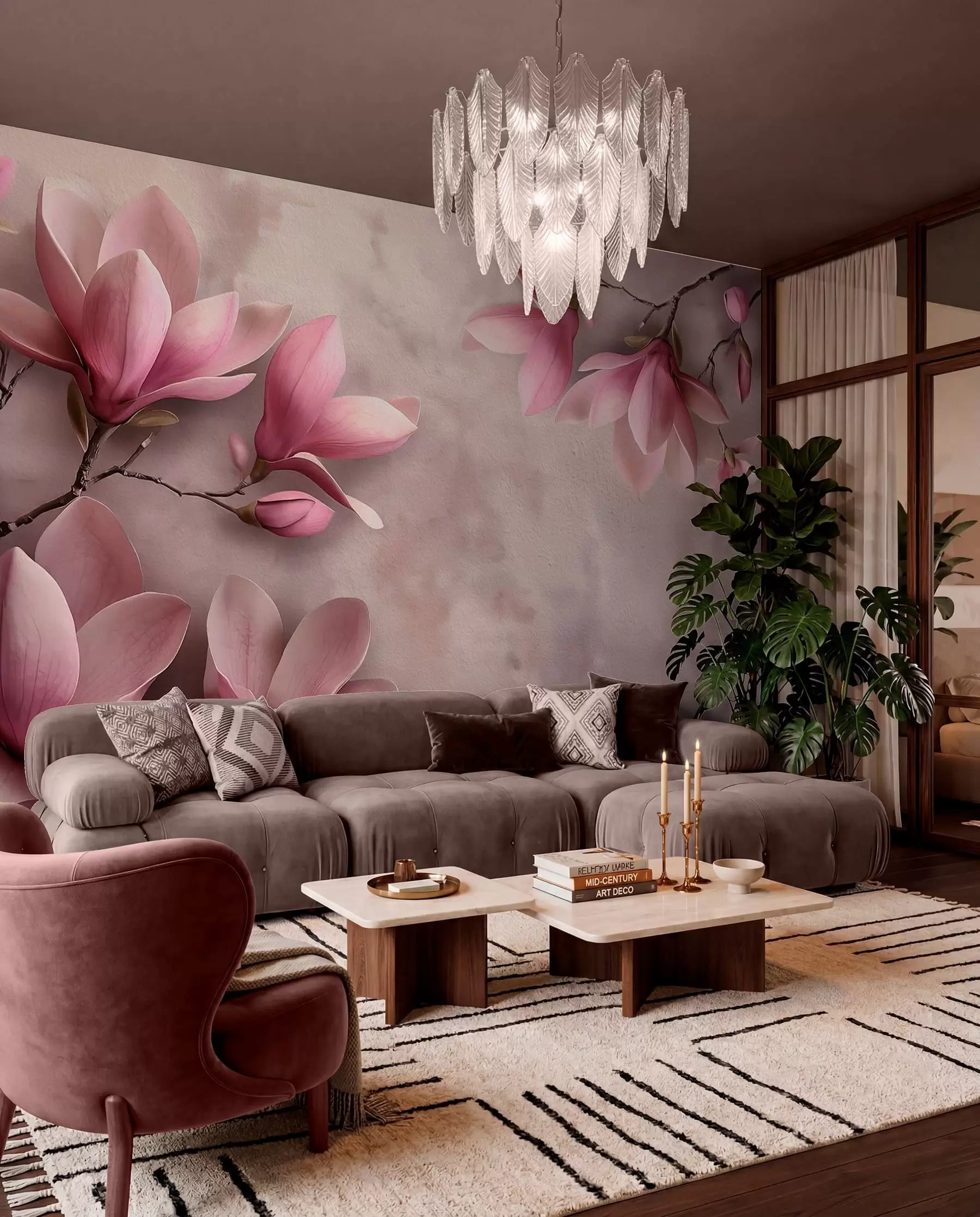 Papier peint Magnolia sur fond mauve w08636