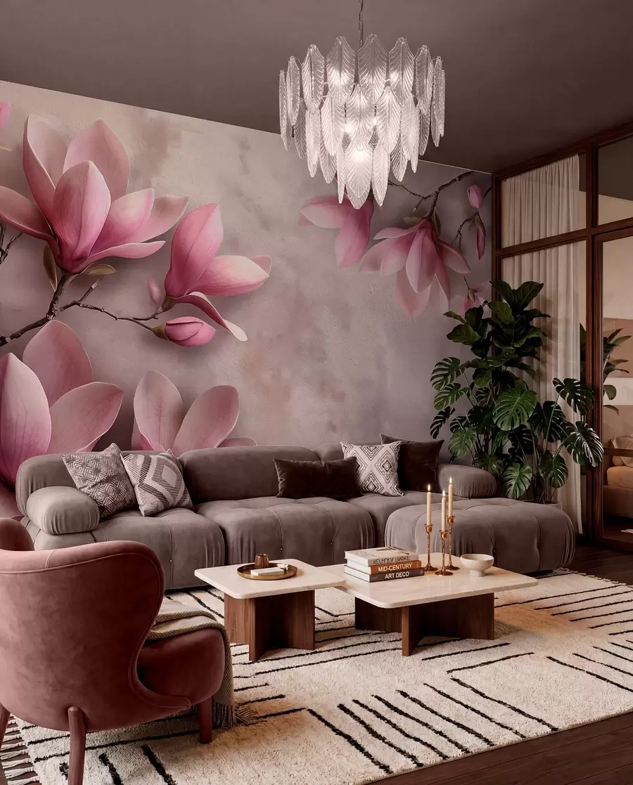 Papier peint Magnolias roses délicats sur un mur en béton w08636