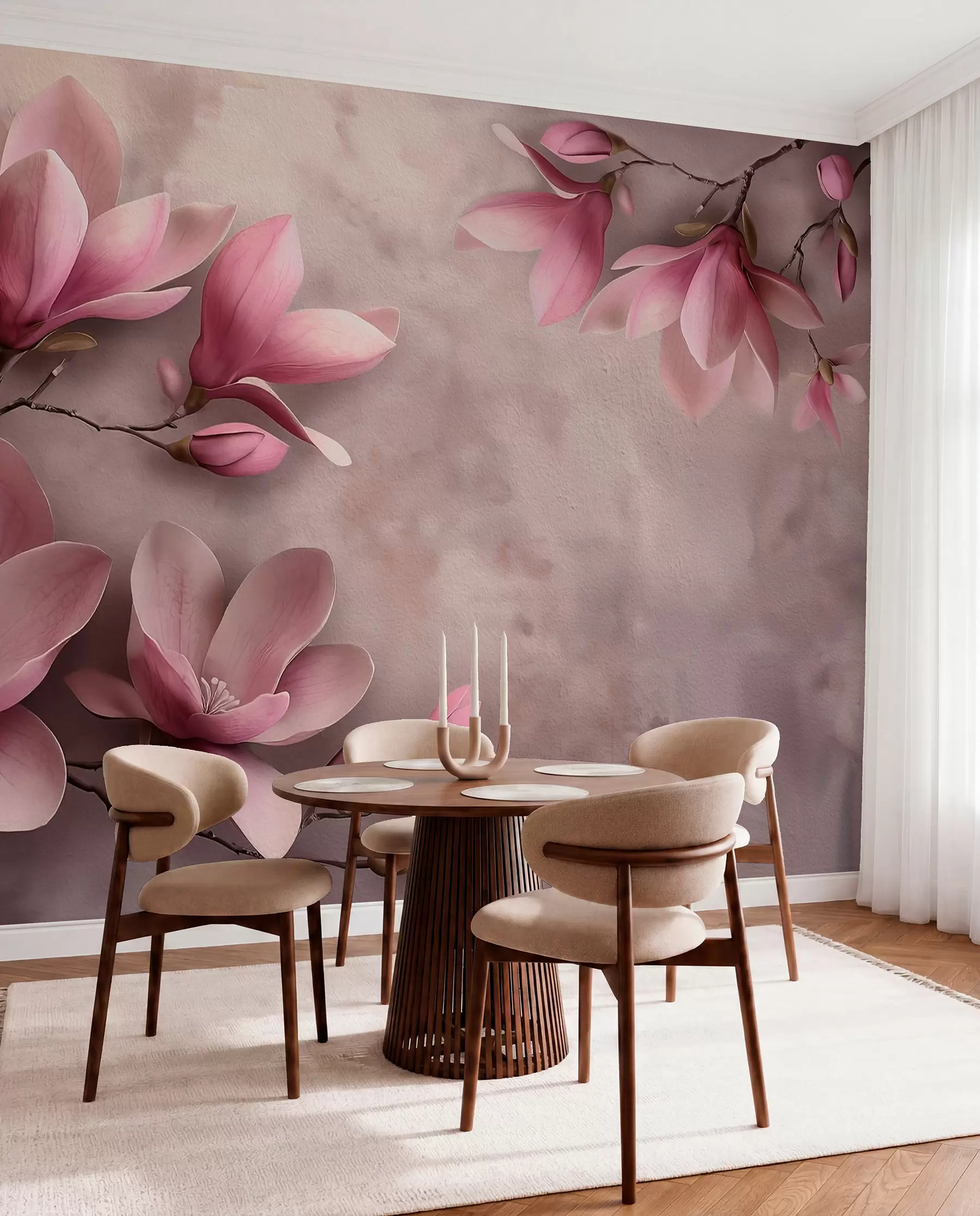 Papier peint Magnolias roses délicats sur un mur en béton w08636