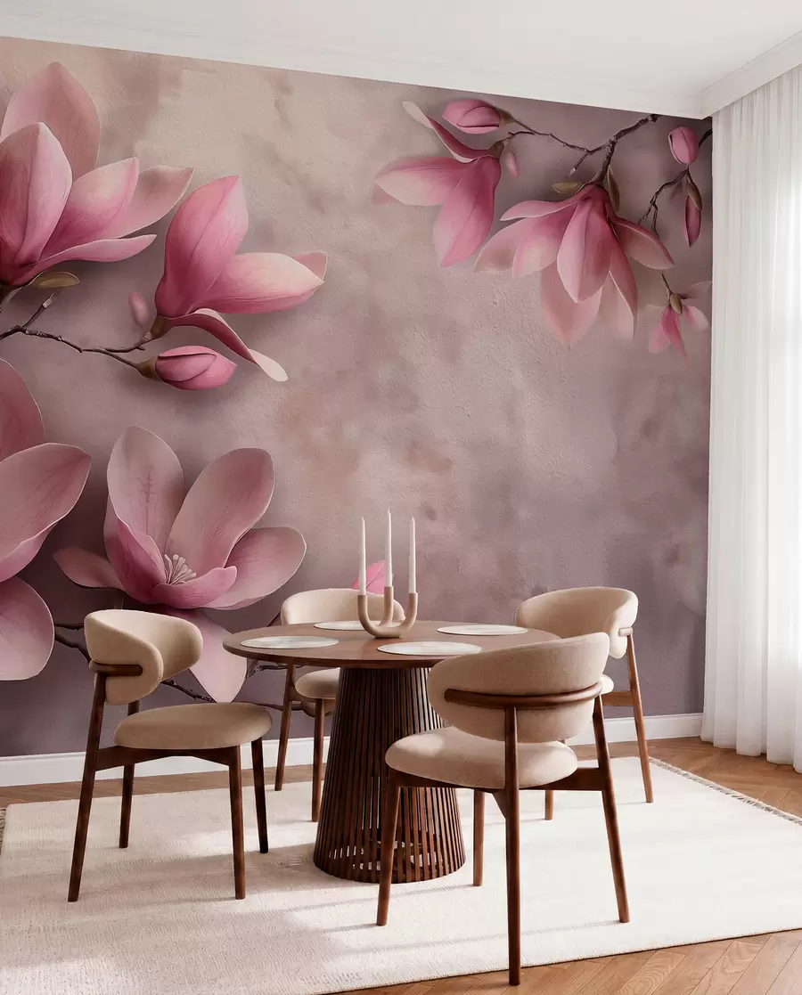 Papier peint Magnolias roses délicats sur un mur en béton w08636