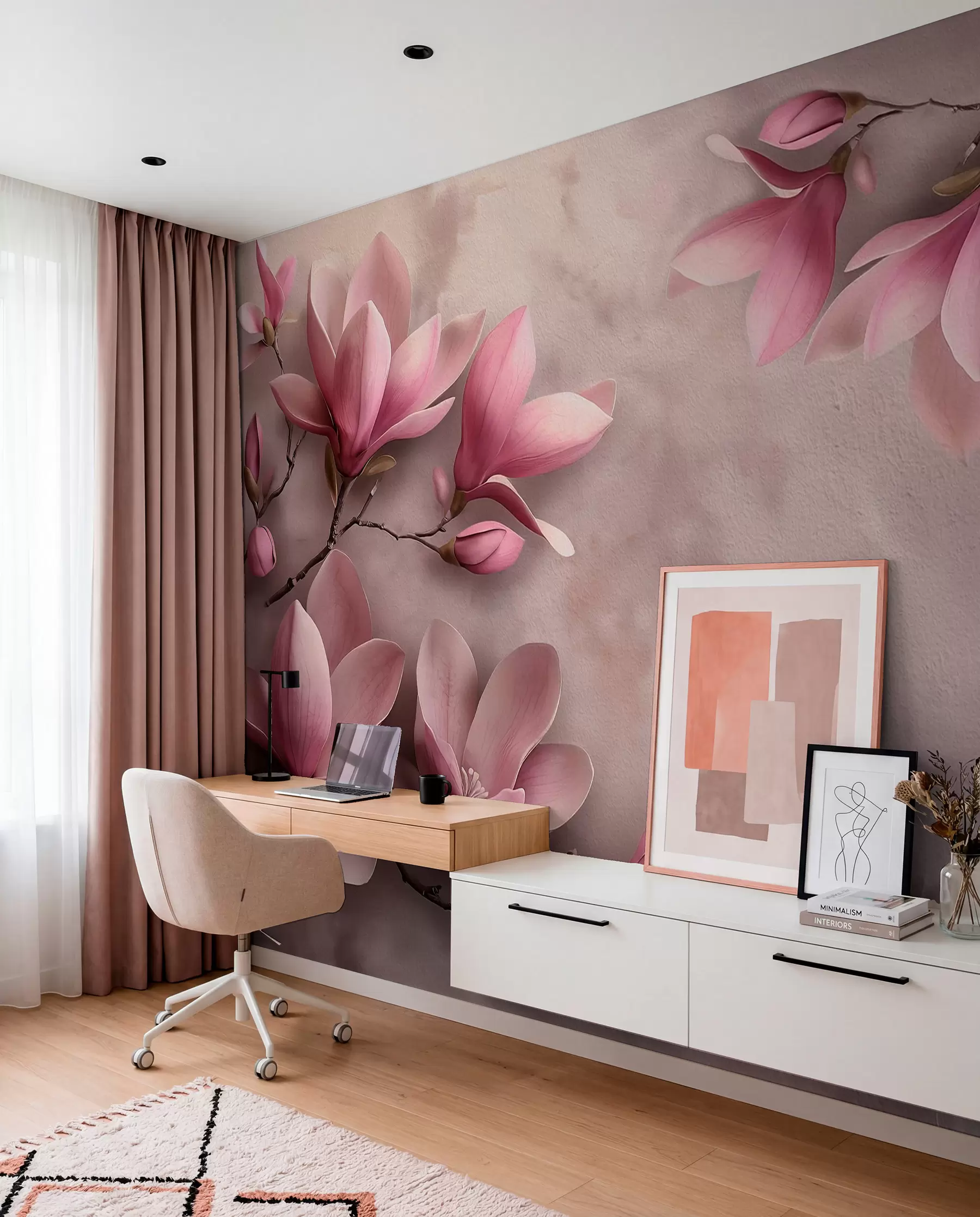 Papier peint Magnolias roses délicats sur un mur en béton w08636