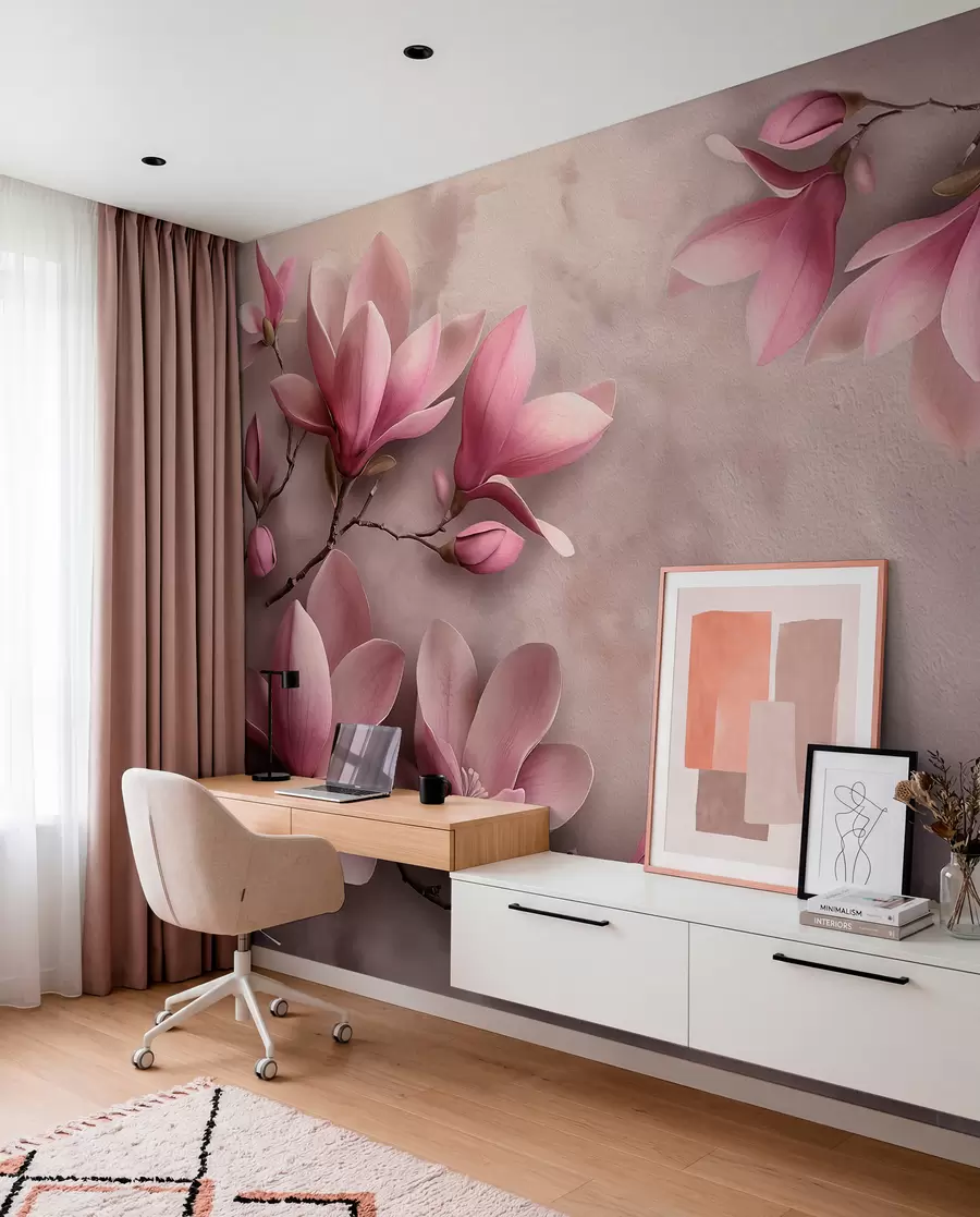 Papier peint Magnolias roses délicats sur un mur en béton w08636