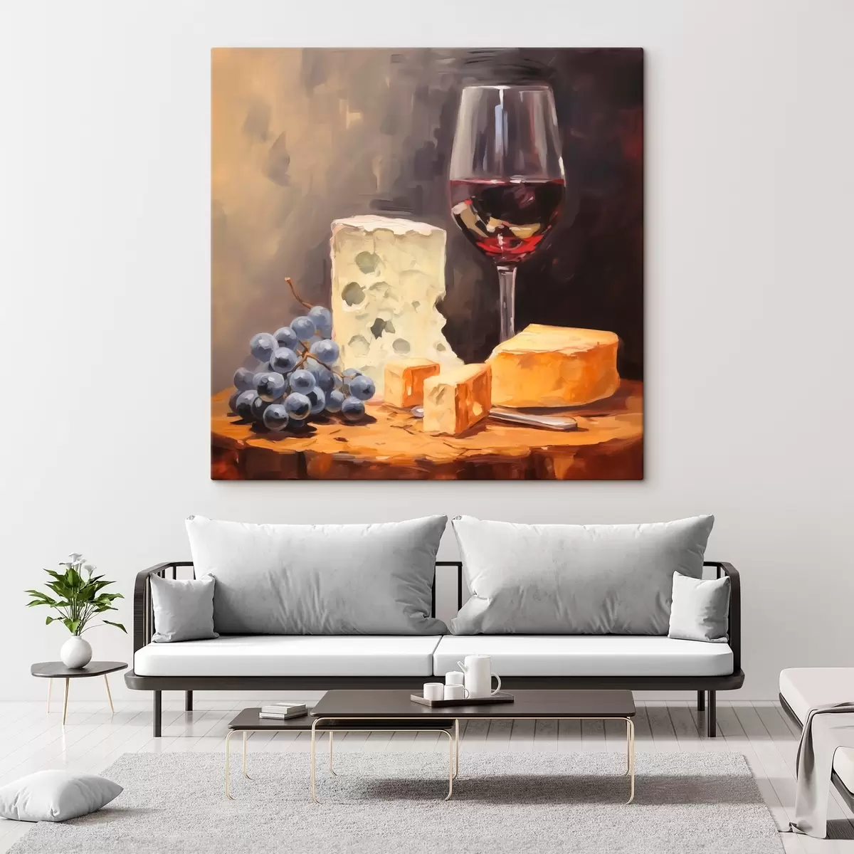 Tableau Verre de vin rouge et fromages imitation peinture s42415