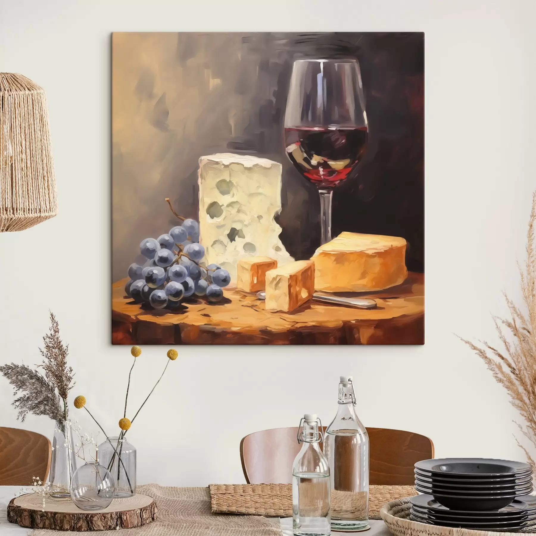 Tableau Verre de vin rouge et fromages imitation peinture s42415