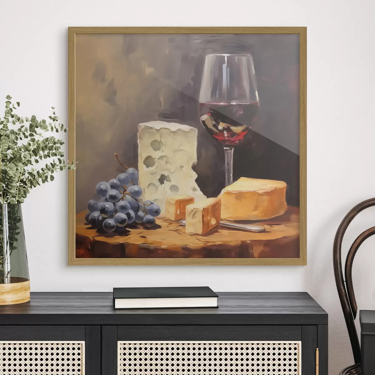 Poster Verre de vin rouge et fromages imitation peinture f42415