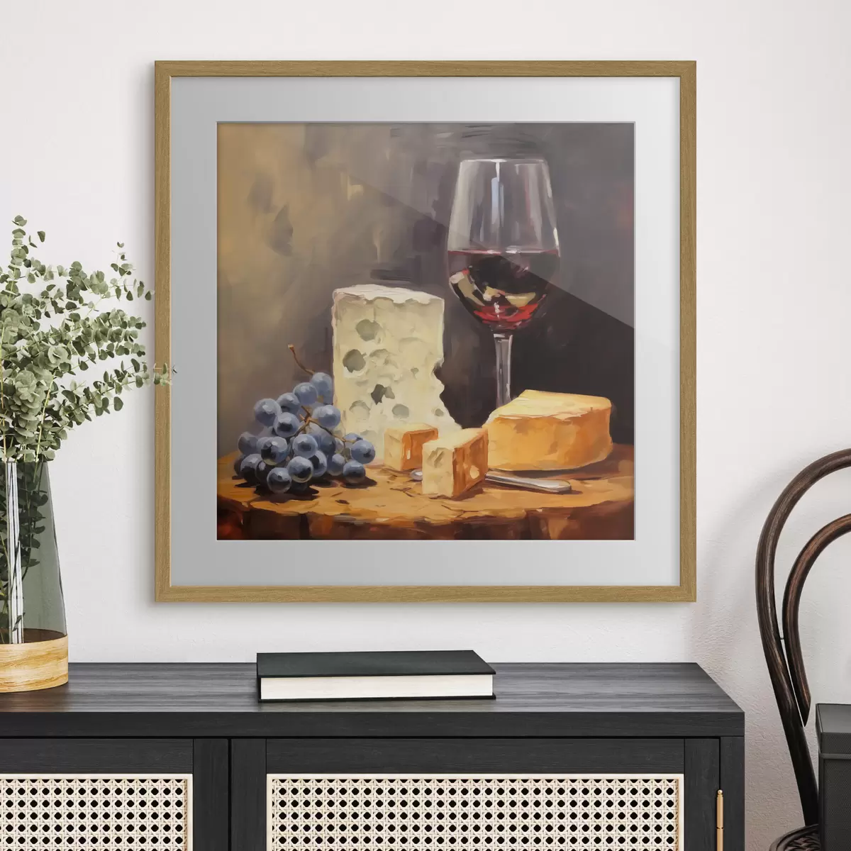 Poster Verre de vin rouge et fromages imitation peinture f42415