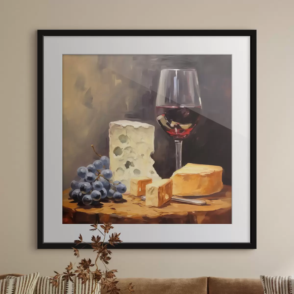 Poster Verre de vin rouge et fromages imitation peinture f42415