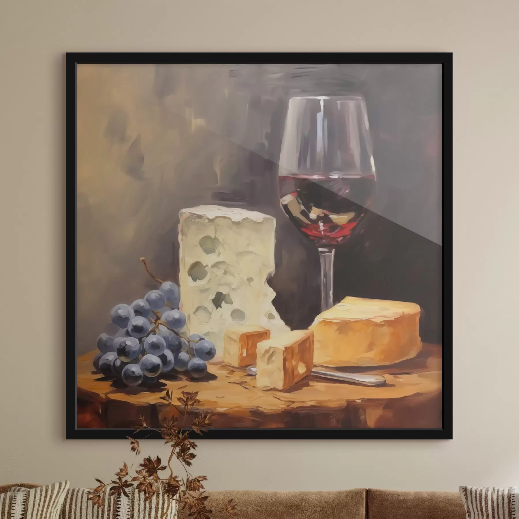 Papier peint Verre de vin rouge et fromages imitation peinture f42415