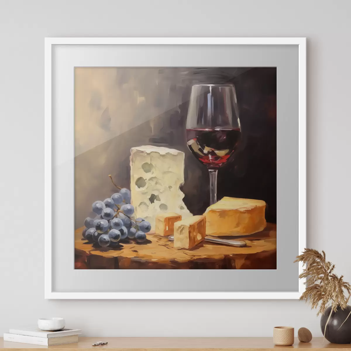 Poster Verre de vin rouge et fromages imitation peinture f42415
